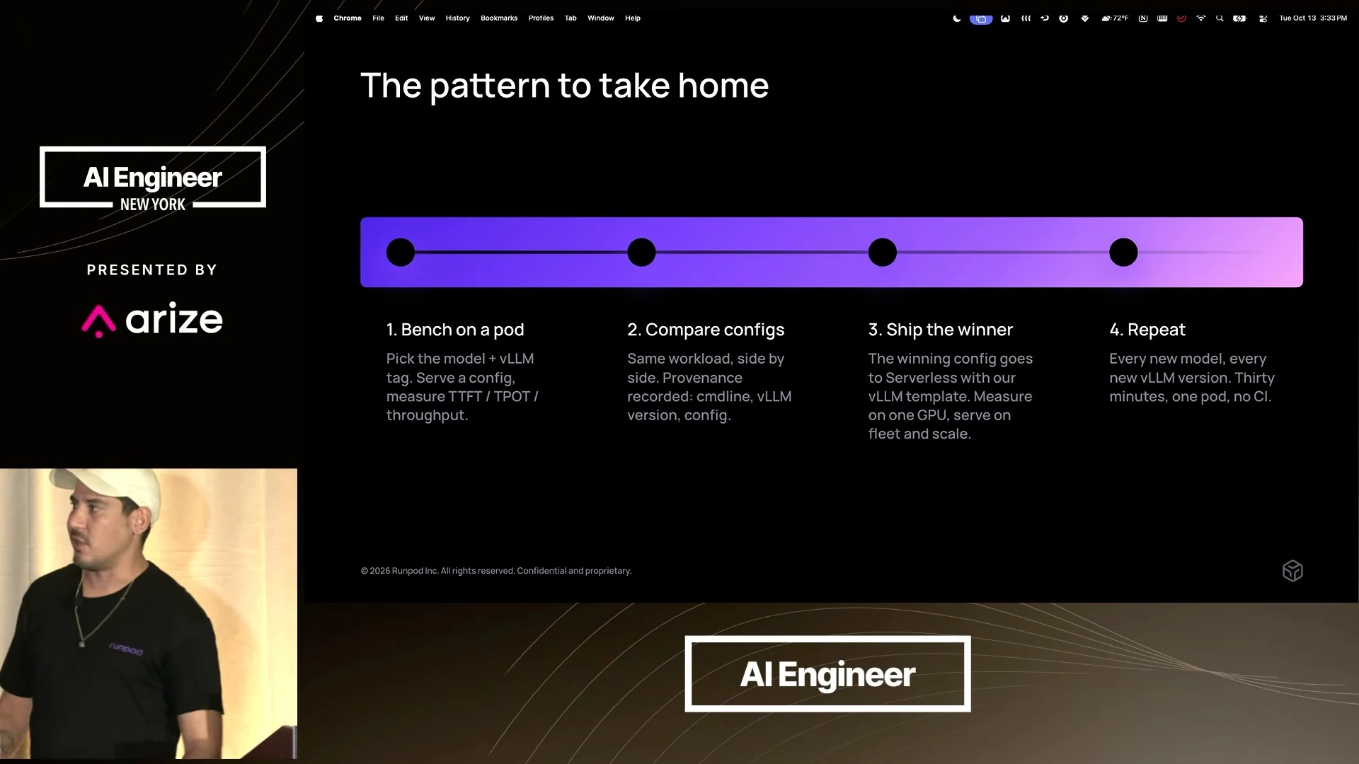 Four-step workflow along a purple gradient timeline: benchmark on a pod, compare configurations, ship the winner to Serverless, and repeat for new models and versions.