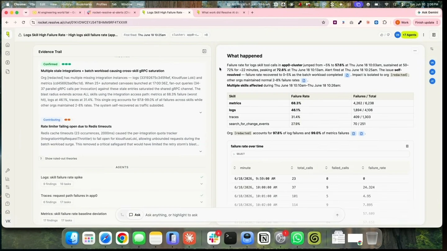 Resolve investigation showing an evidence trail, incident summary, and failure rates across skills.