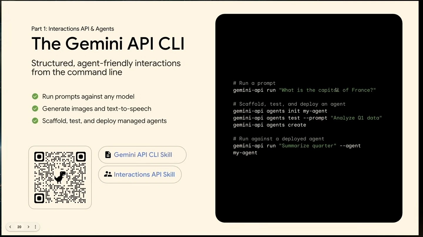 Slide listing prompt execution, image and speech generation, and managed-agent workflows, alongside CLI command examples, skill links, and a QR code.