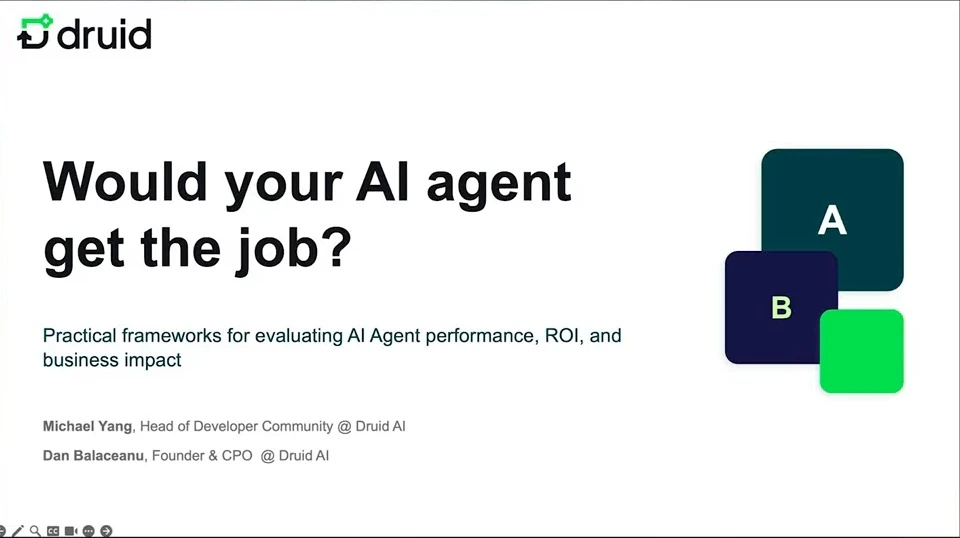 Title slide introducing frameworks for evaluating AI agent performance, ROI, and business impact.