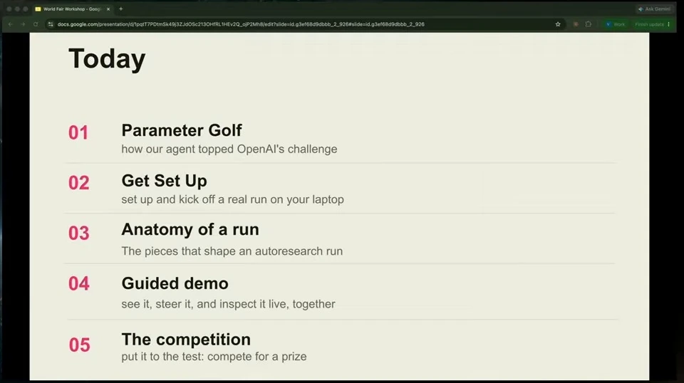 Agenda covering Parameter Golf, setup, the anatomy of a run, a guided demo, and a competition.