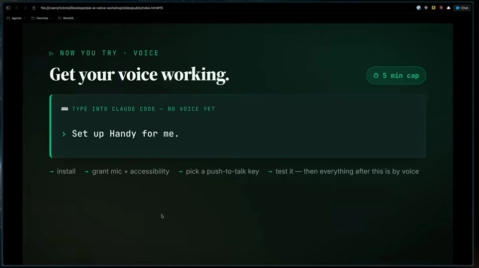 A slide asks participants to set up Handy, grant permissions, choose a push-to-talk key, and test it.