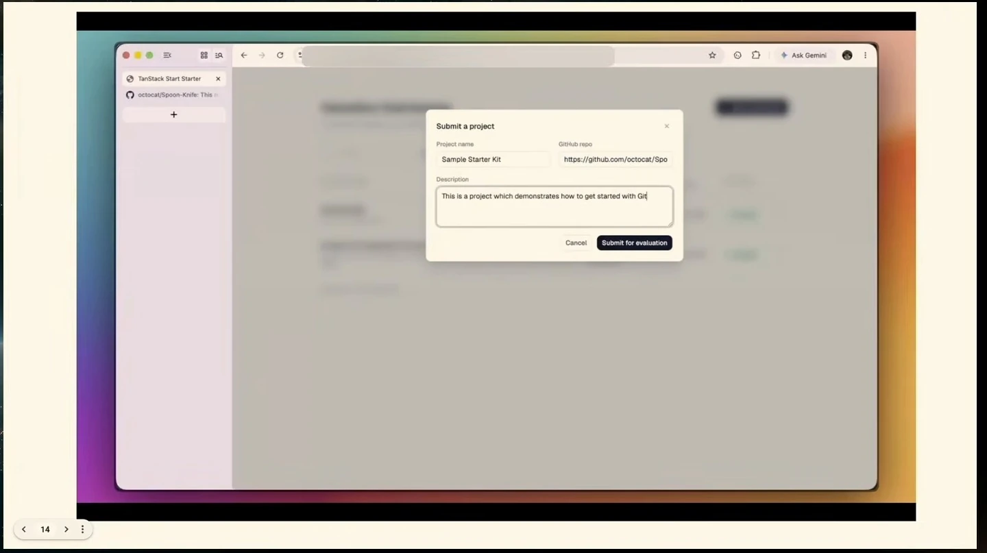 Browser demo showing a project-submission dialog with project name, repository, and description fields plus a Submit for evaluation button.