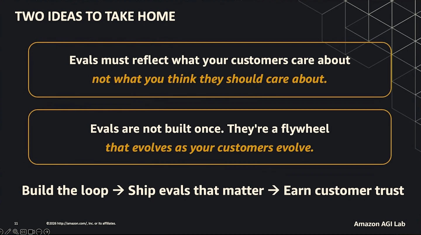 Two takeaways: evaluations should reflect customer priorities and evolve with customers. Build the loop, ship evaluations that matter, and earn customer trust.