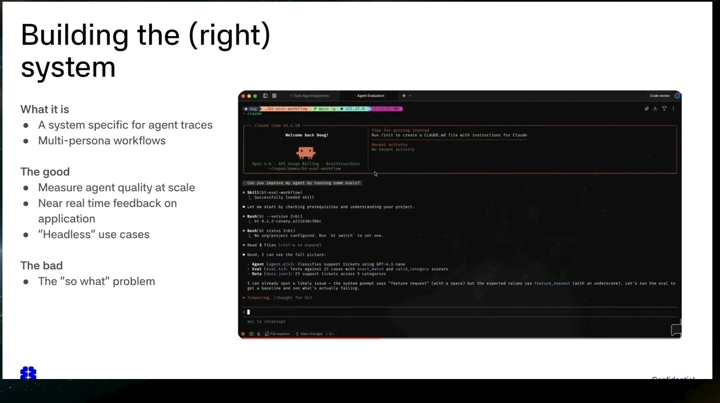 A slide describes an agent-trace system, its benefits and the so-what problem, alongside a coding-agent demo.