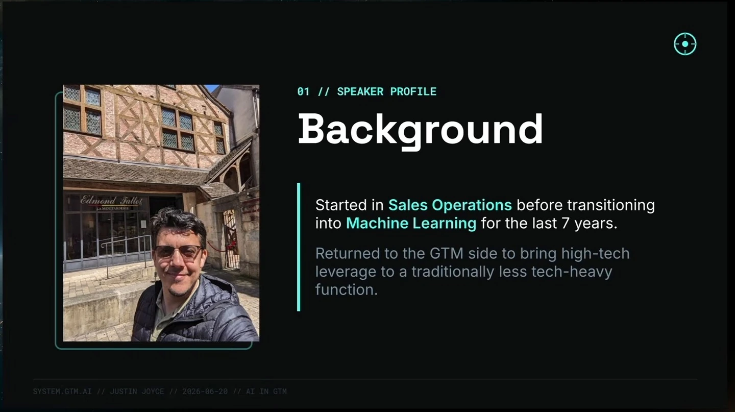 Speaker profile with a photograph and a summary of Joyce’s experience in sales operations and machine learning.
