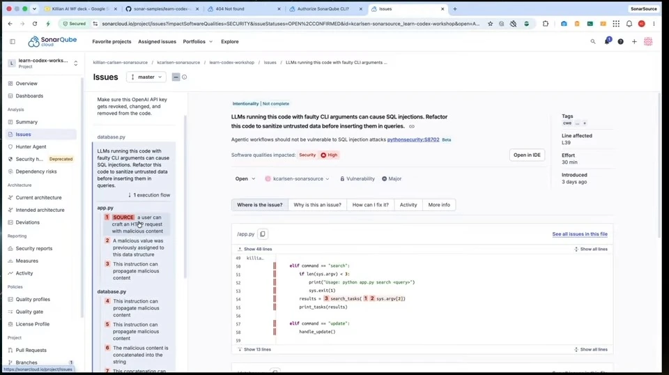SonarQube traces malicious input from an application argument into the search function.
