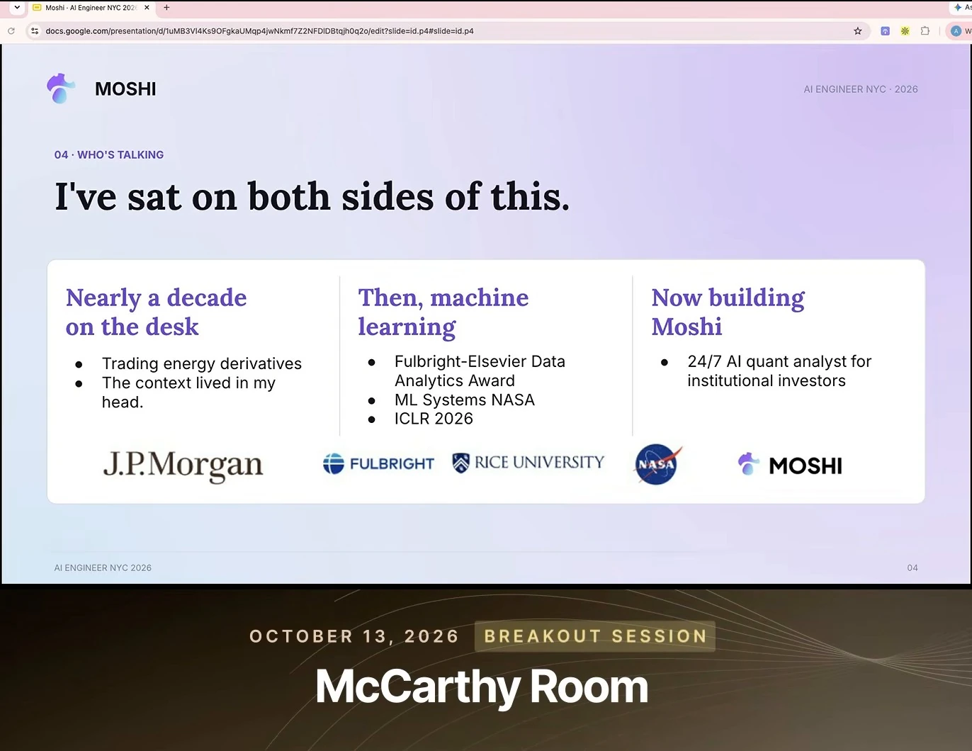 Speaker background spans energy derivatives trading, machine learning, and building Moshi.