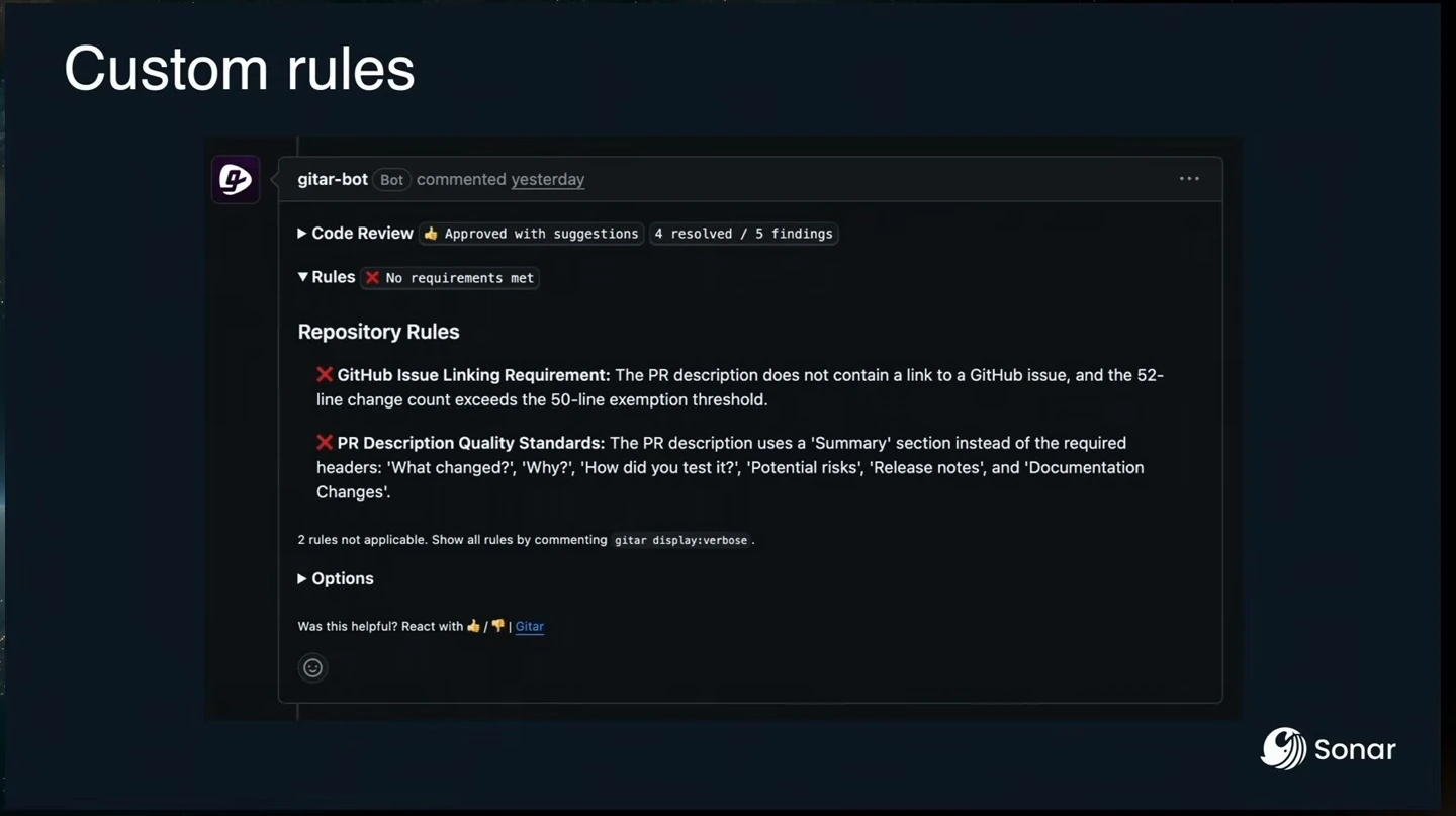 A review comment reports unmet issue-linking and pull request description rules.