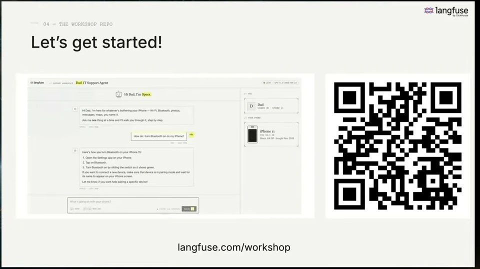 Workshop start slide showing the sample support app, a QR code, and the workshop address.