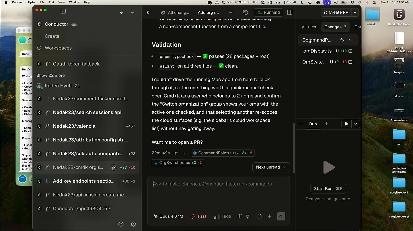 A workspace conversation shows validation results beside a changed-file list.