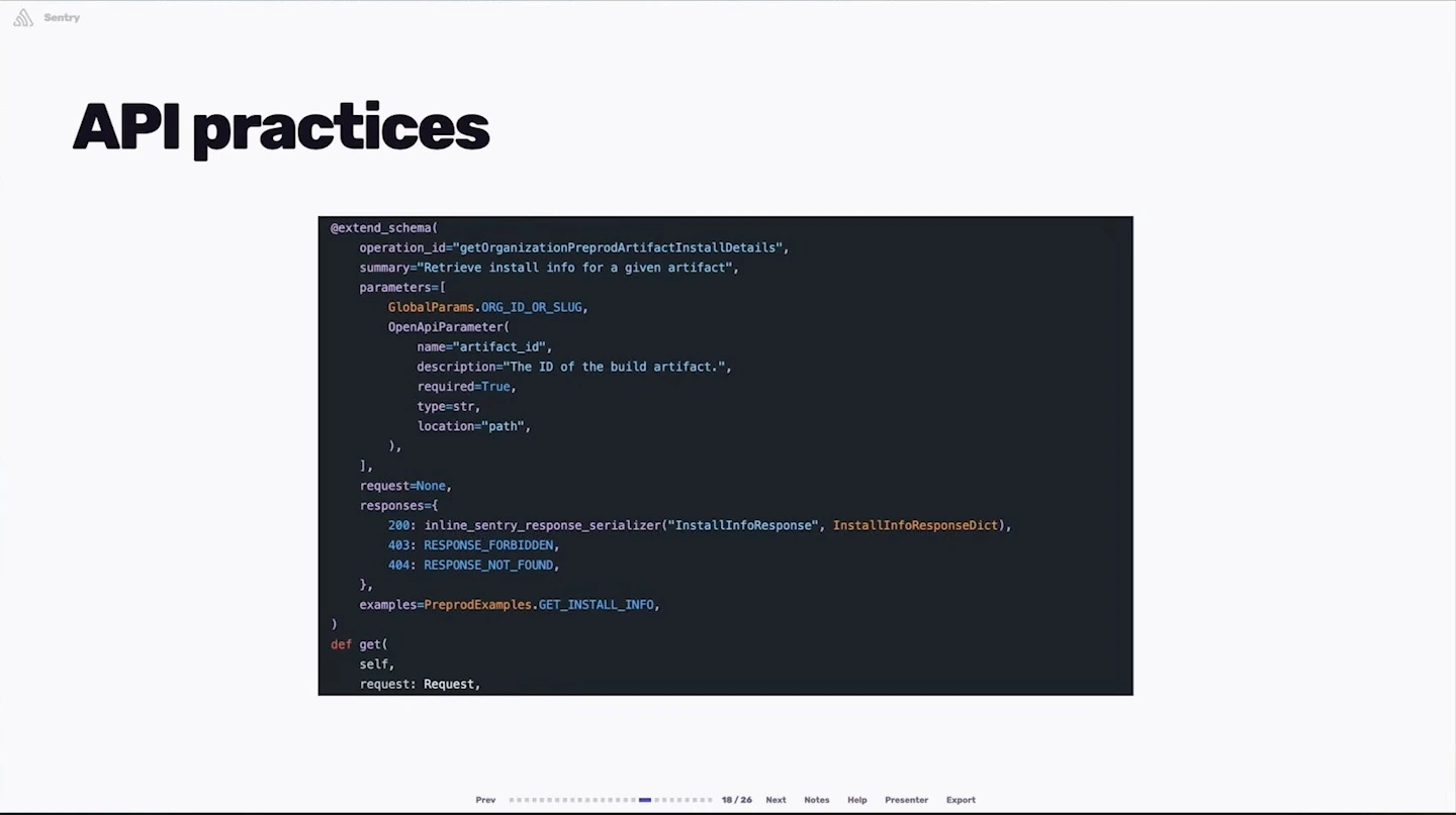 An API schema decorator example documents parameters and responses; the code continues beyond the visible lower edge.