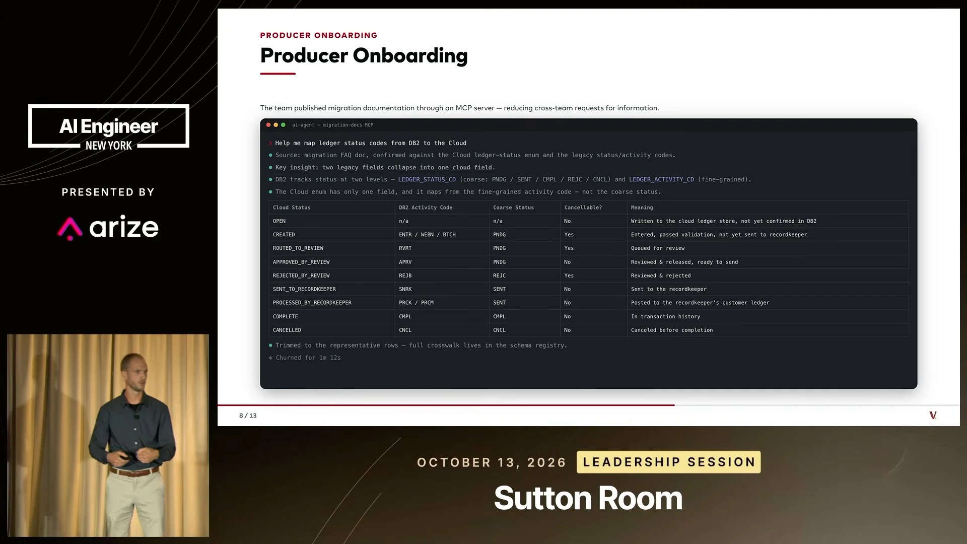 Slide describing an MCP server for migration documentation, with an example mapping legacy ledger status codes to cloud statuses.