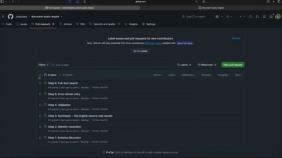 GitHub pull request list showing six steps, from schema discovery to full-text search.