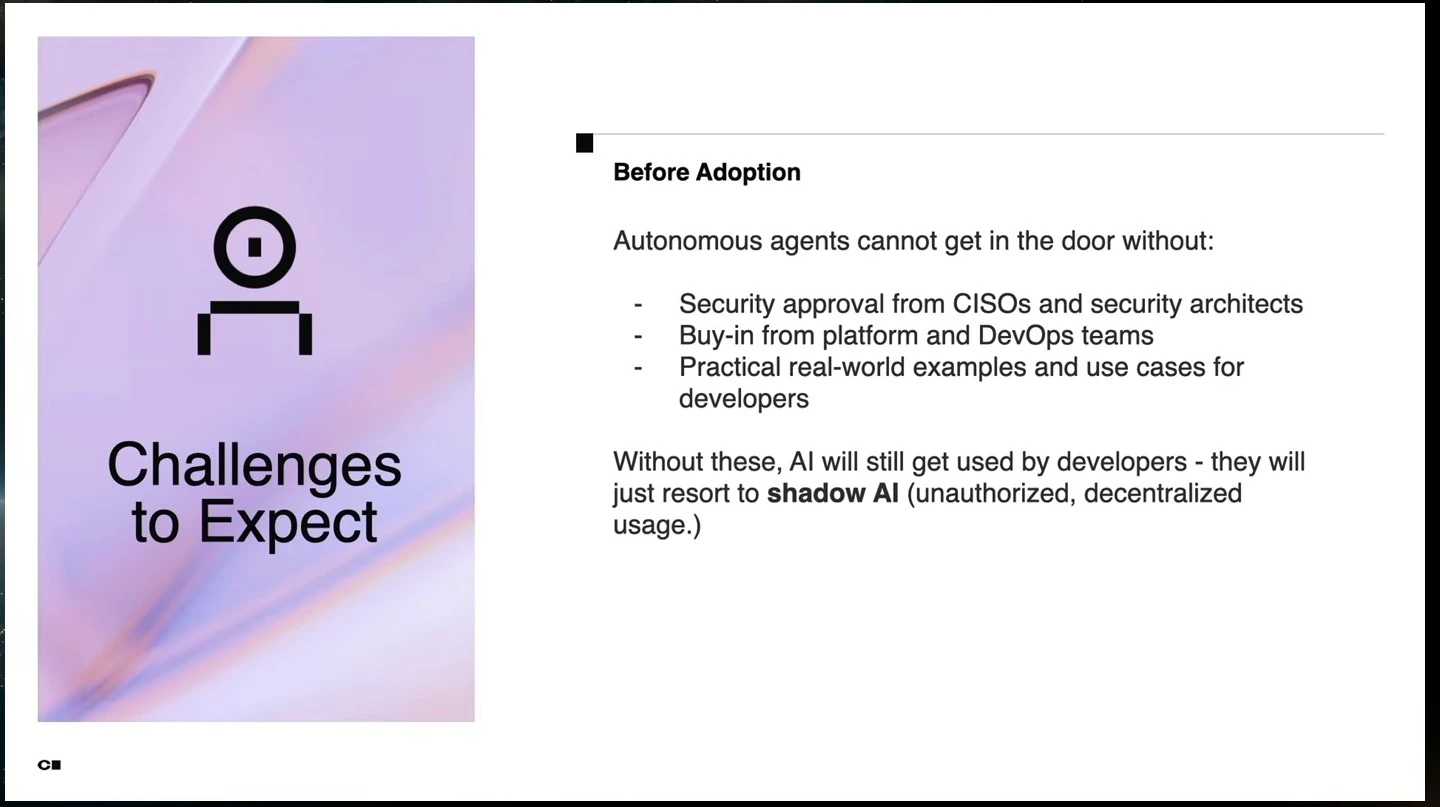 Before adoption, agents need security approval, platform and DevOps buy-in, and practical developer use cases; the slide warns about shadow AI.