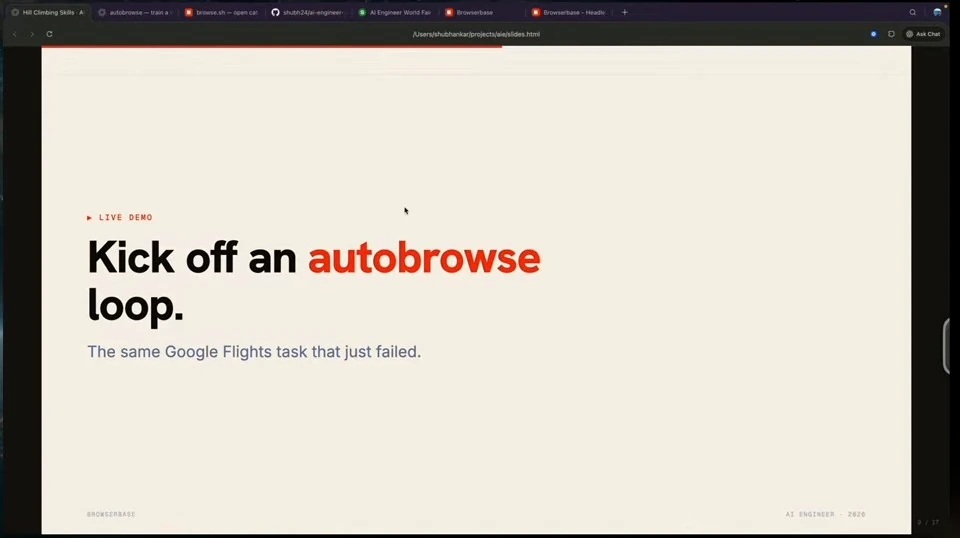 Slide introducing an autobrowse loop for the same Google Flights task.