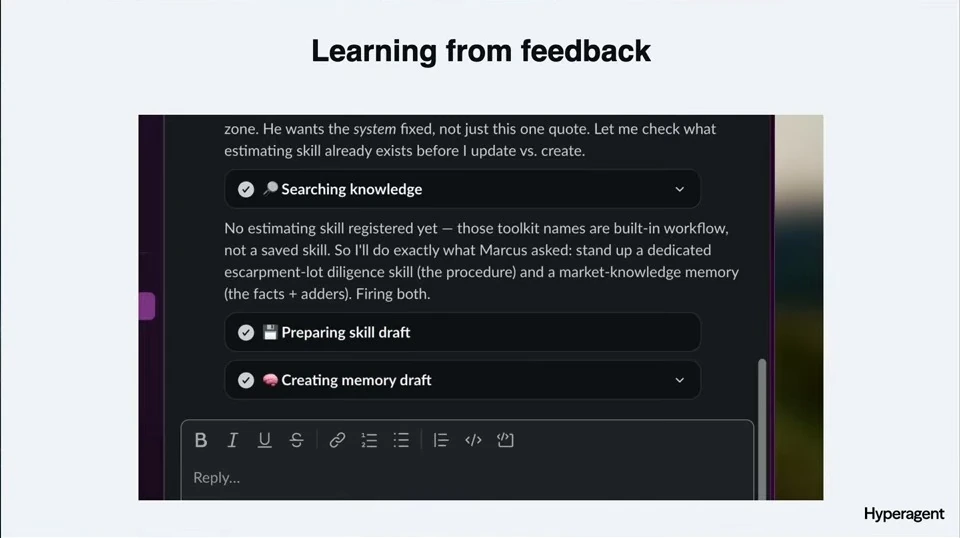 An agent searches knowledge and prepares skill and memory drafts.
