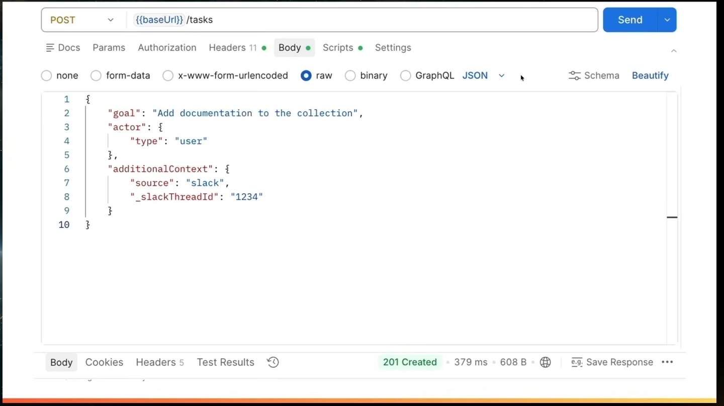 Postman request body adds an additional context object for a messaging source.