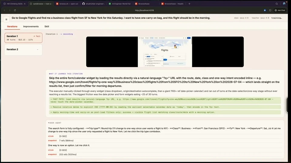 Training interface displaying the failed first iteration and advice to use a pre-filled flight search URL.
