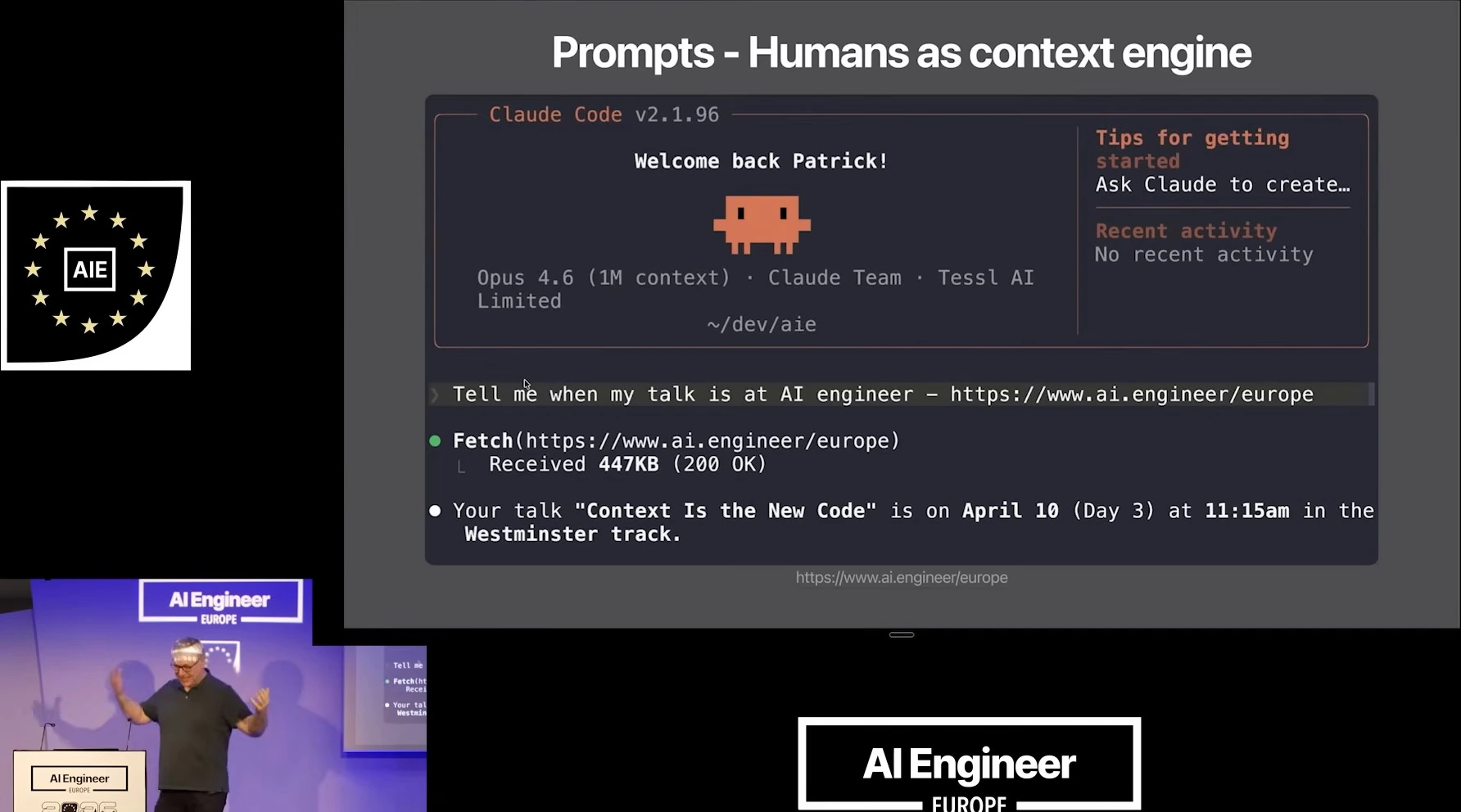 Claude Code answers a prompt asking when the speaker’s conference talk is scheduled.