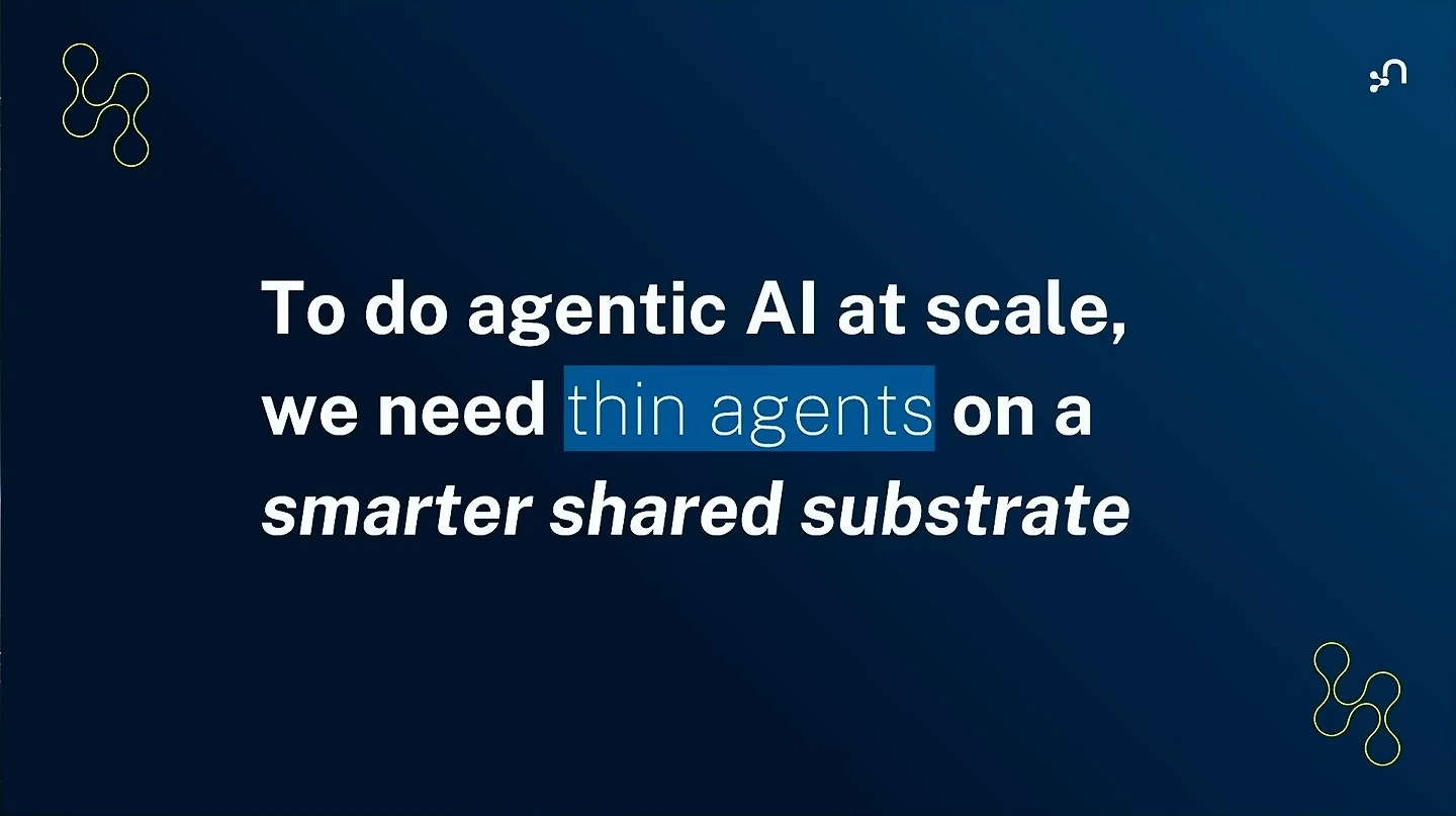 The slide states that agentic AI at scale needs thin agents on a smarter shared substrate.