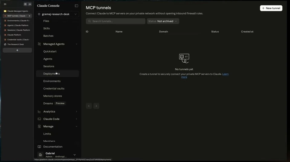 Claude Console shows an empty MCP tunnels list and a New tunnel button.