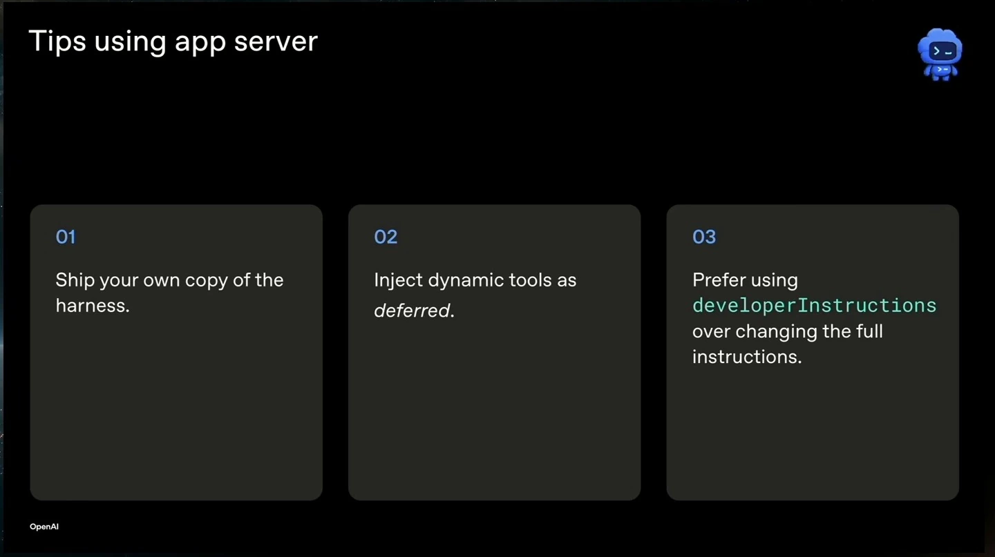 Three tips: ship your own harness, inject dynamic tools as deferred, and prefer developerInstructions to changing the full instructions.