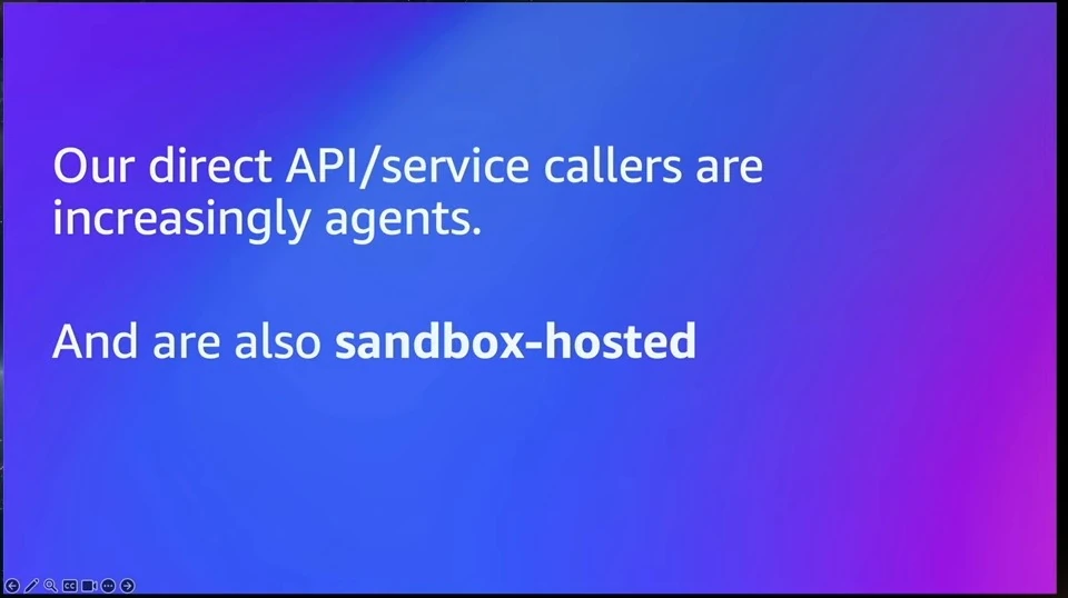 Text states that direct API and service callers are increasingly agents and are also sandbox-hosted.