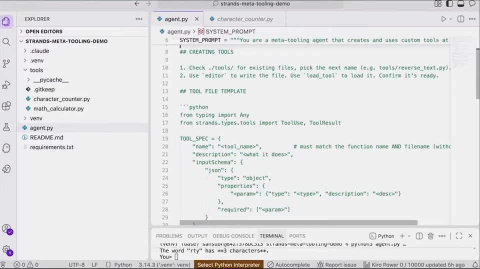 Code editor shows instructions for creating and loading tools, followed by a tool specification template.