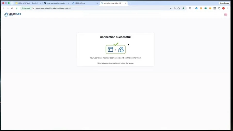 Browser confirms that the connection succeeded and directs the user back to the terminal.