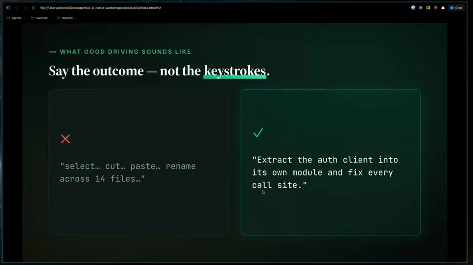 A slide contrasts listing editing steps with requesting an outcome for an auth client refactor.