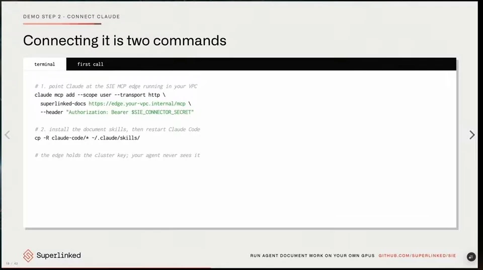Terminal example showing two commands to connect Claude to the MCP edge and install document skills.