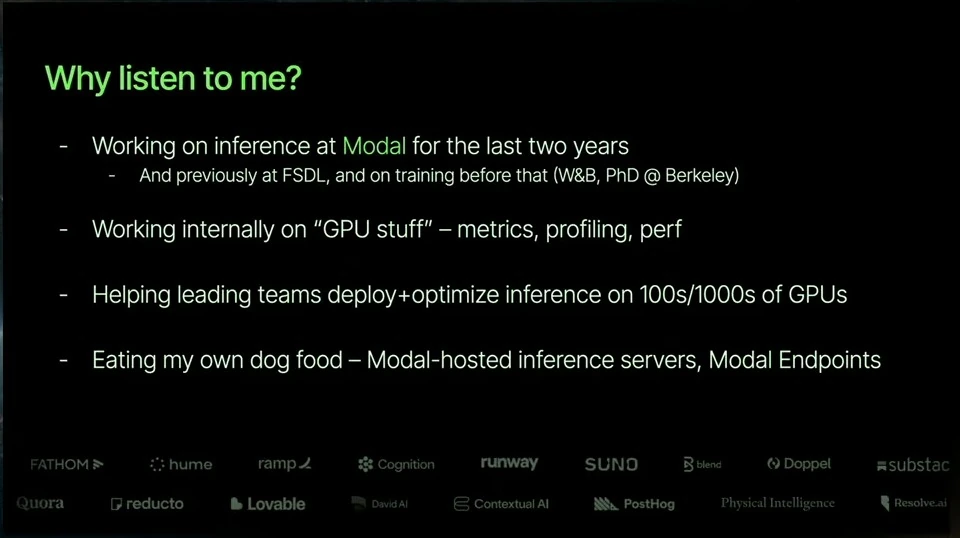The speaker’s experience with inference at Modal, GPU performance and deploying inference systems.