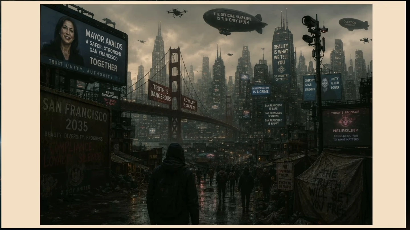 An imagined San Francisco cityscape with surveillance drones and authoritarian billboards.
