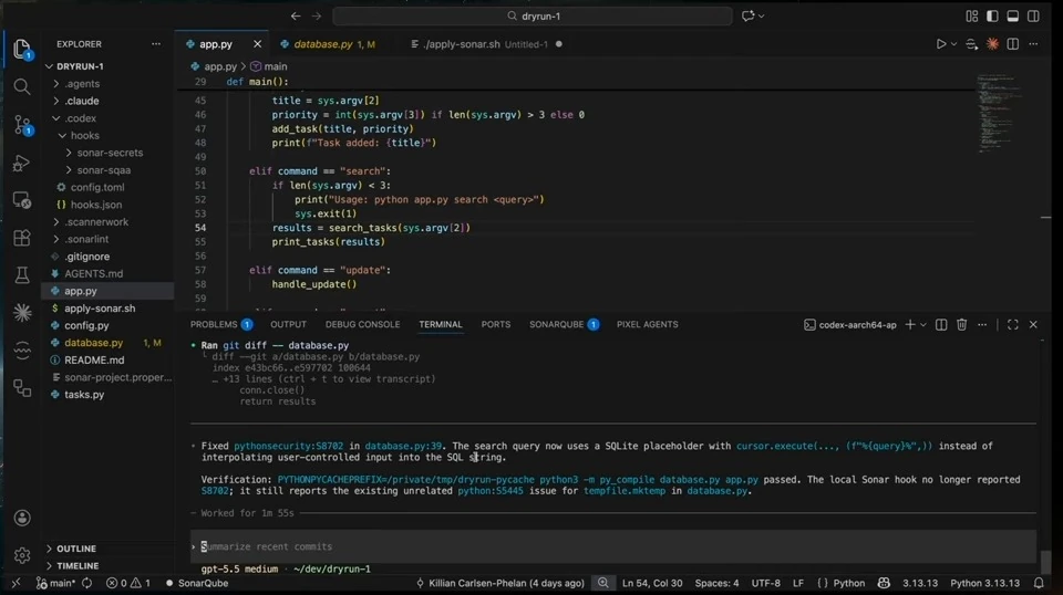 Codex summarizes the parameterized query, successful syntax check, and remaining temporary-file finding.