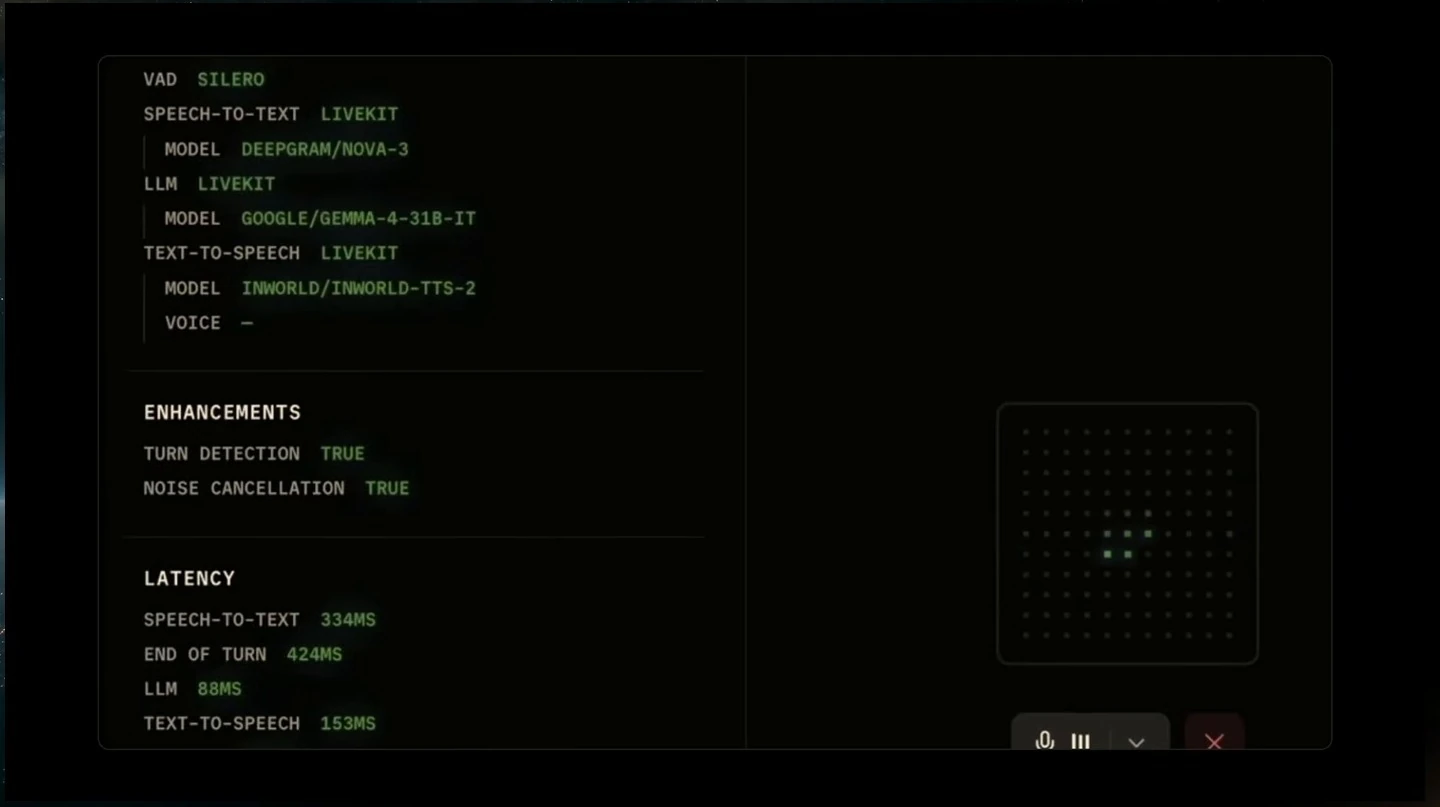 The concierge interface displays speech components, enhancements, and latency measurements.