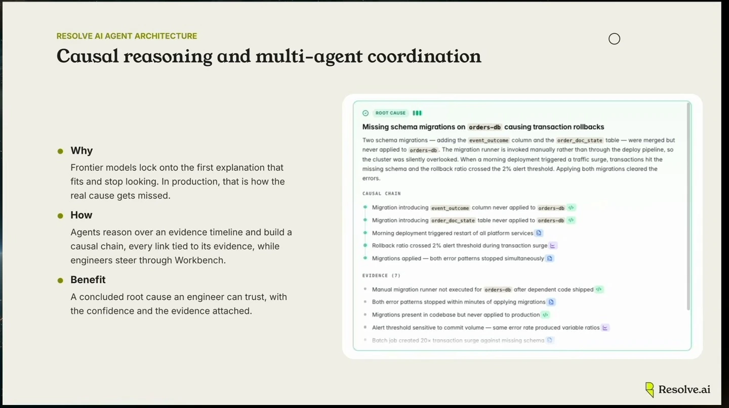 Slide describes evidence-backed causal reasoning beside a root-cause analysis example.