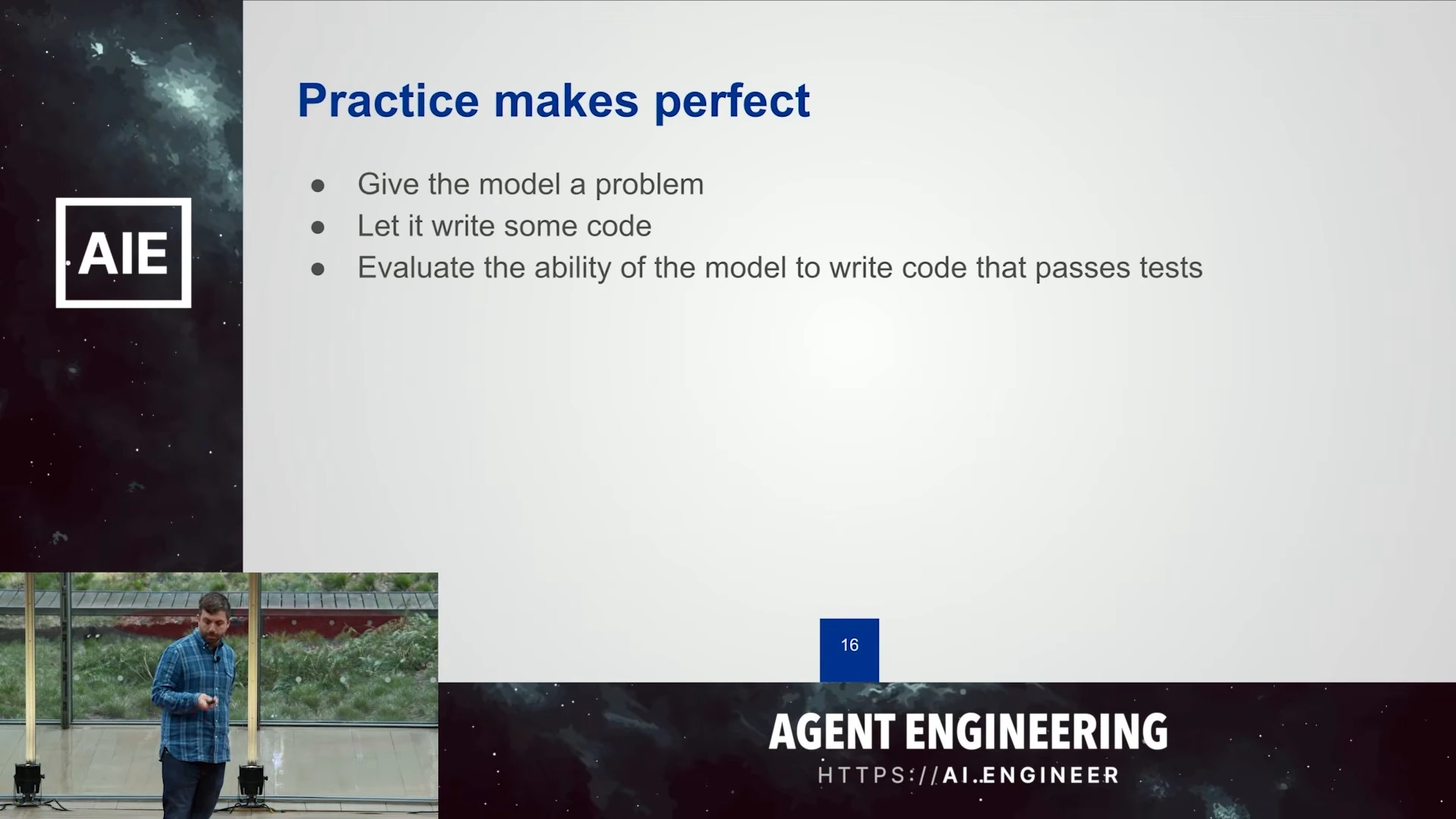 Give the model a problem, let it write code, and evaluate whether the code passes tests.