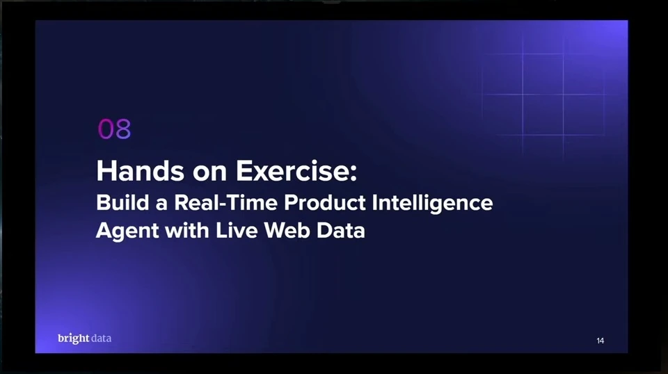 Title slide for a hands-on exercise building a real-time product intelligence agent with live web data.