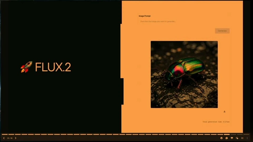 The FLUX.2 demo displays an iridescent beetle on a dark surface.