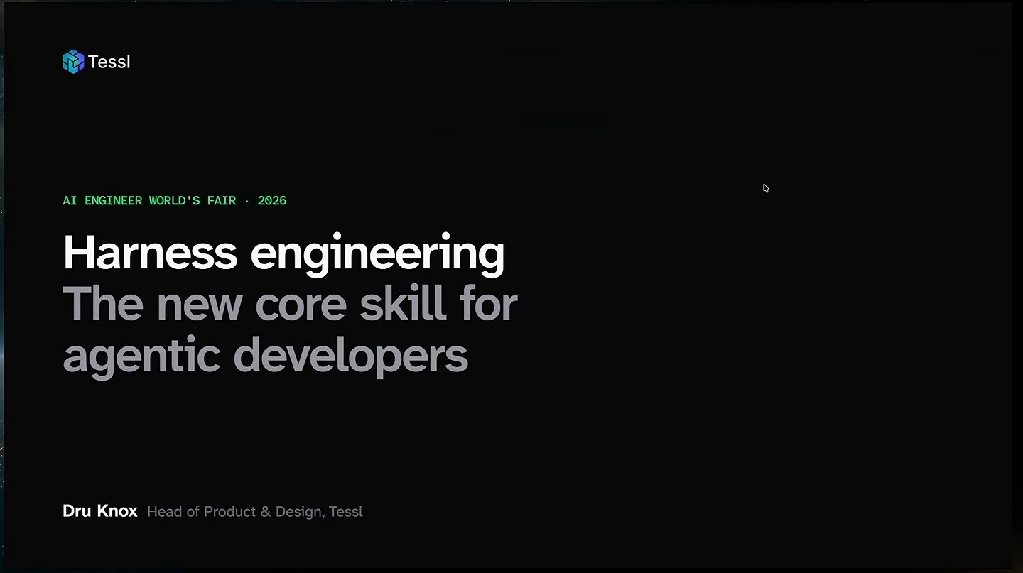 Title slide introduces harness engineering as a core skill for agentic developers, presented by Dru Knox of Tessl.