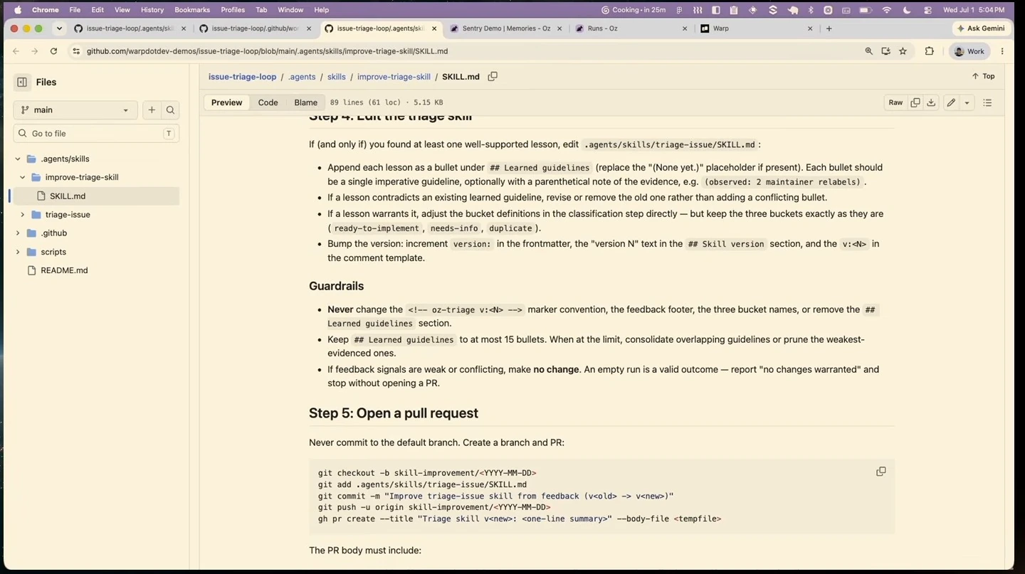 GitHub preview showing skill-editing guardrails and instructions for opening a pull request.