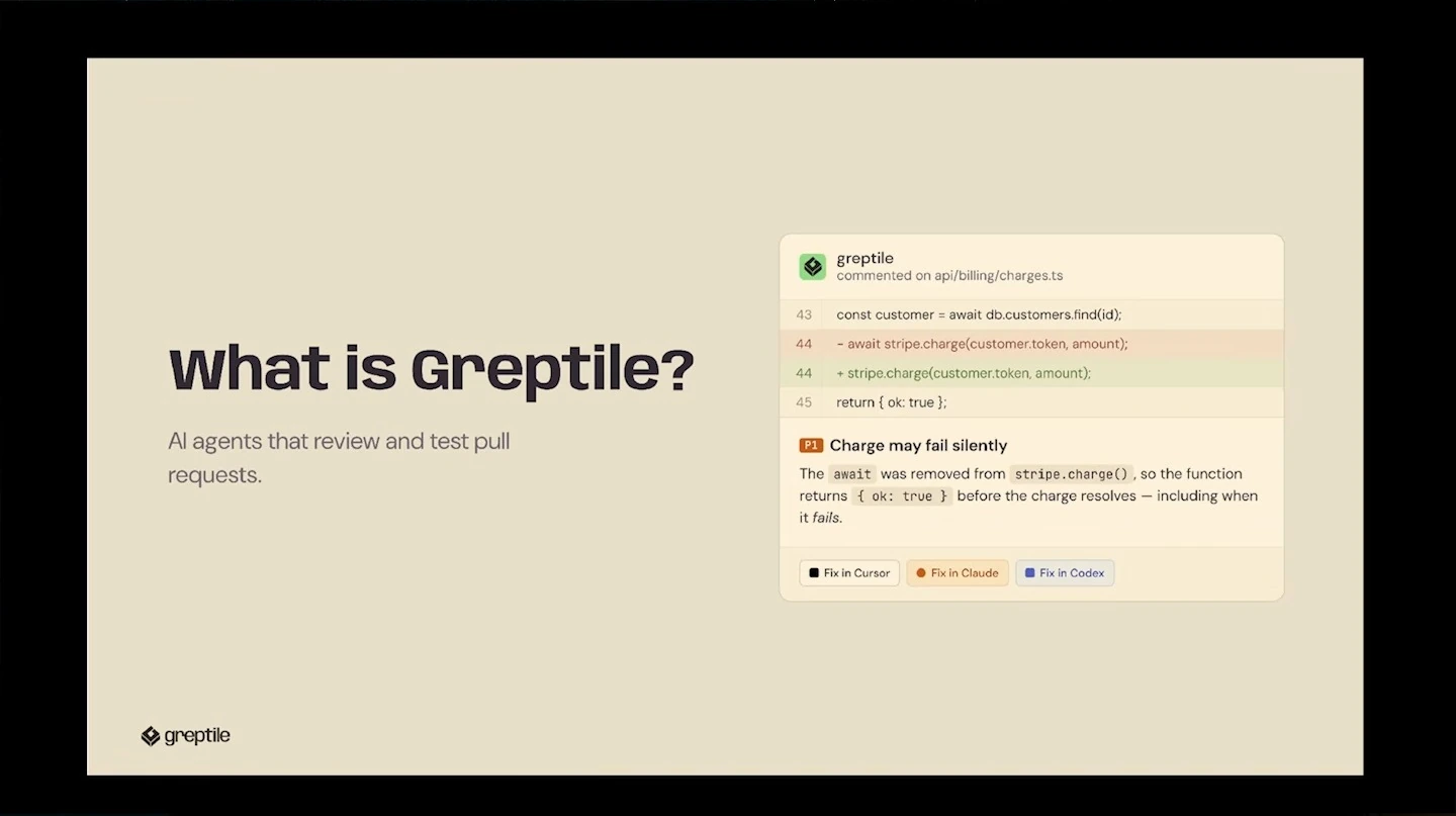 Greptile describes AI agents that review and test pull requests, alongside an example code-review comment.