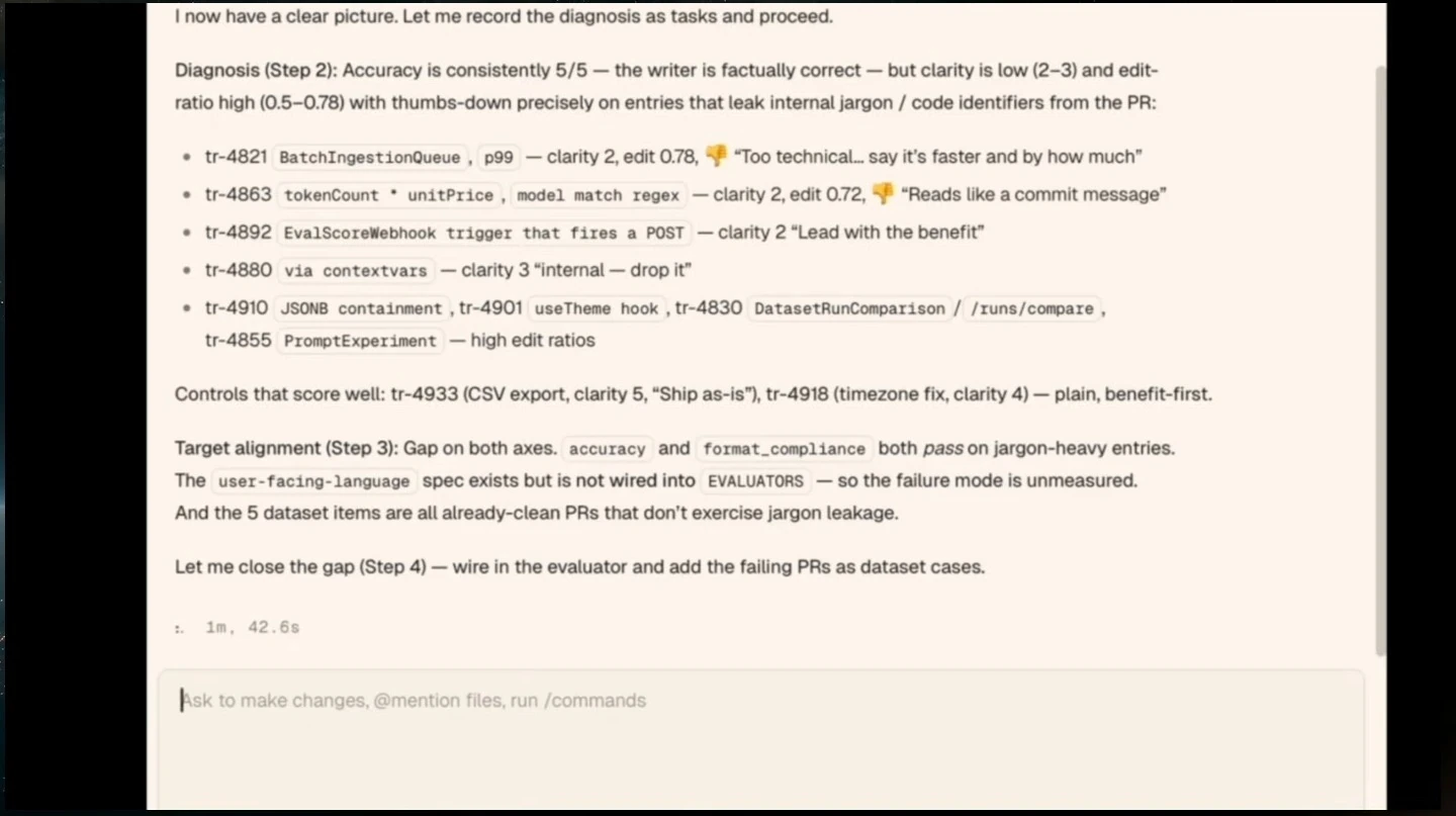 Agent identifies low clarity and jargon leakage, then proposes updating the evaluator and dataset.