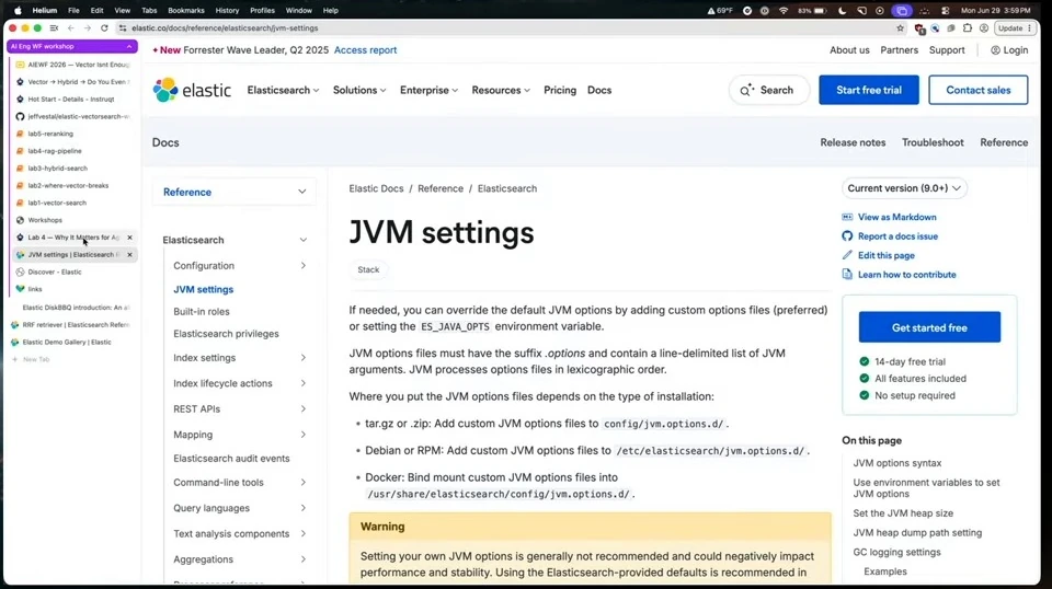 Elastic documentation page explaining JVM settings and options files.