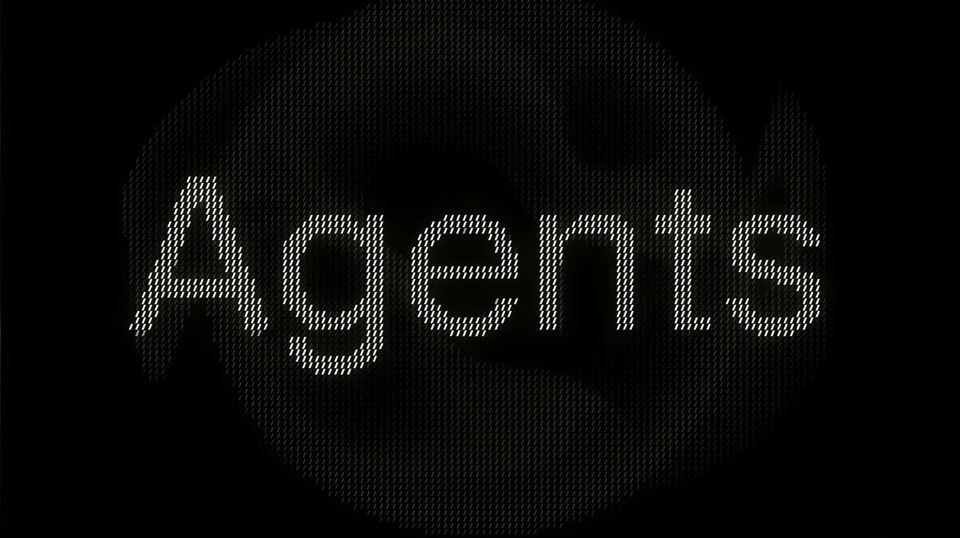 The word Agents rendered in bright patterned marks against a dark background.