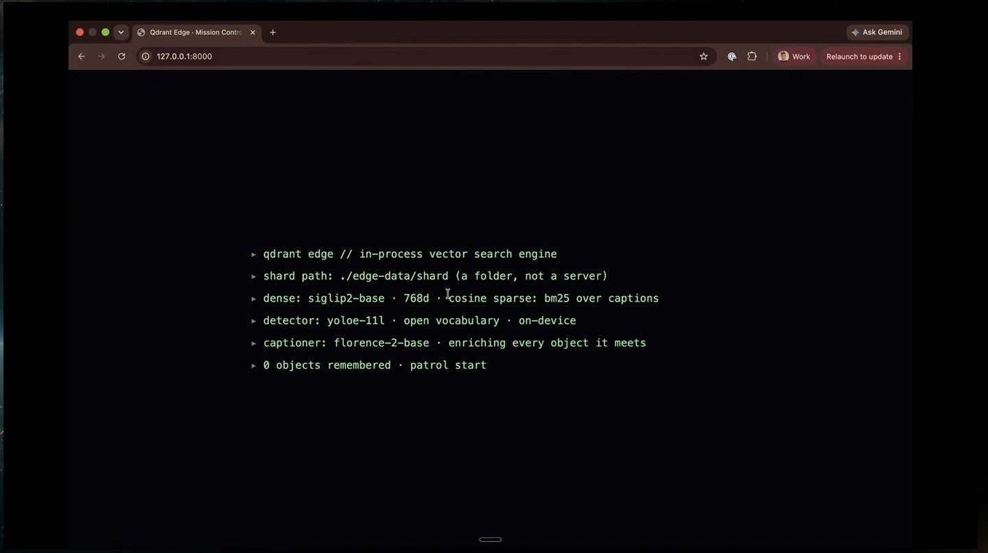 A browser displays startup information for an on-device vector search demo, including its detector and captioner.