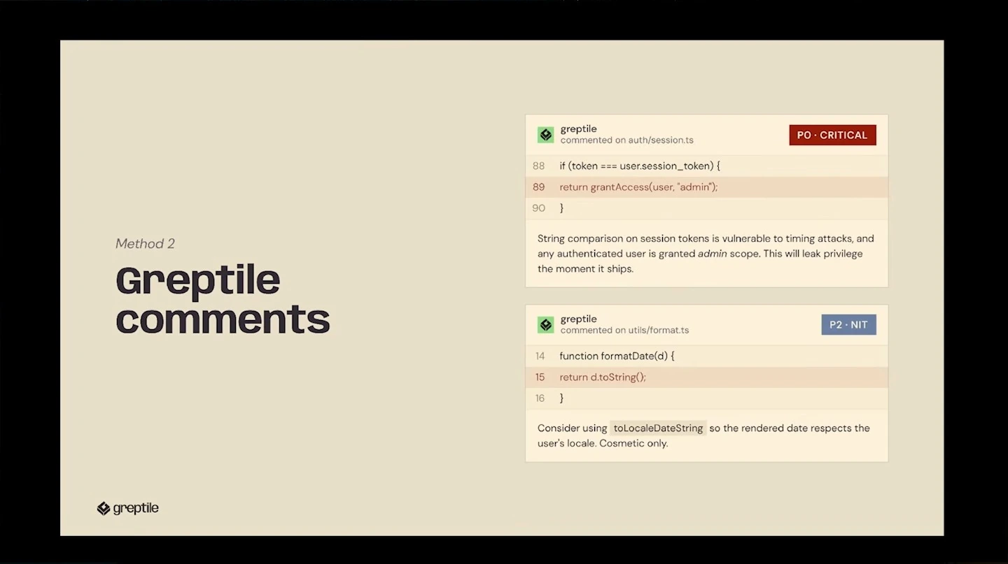 Two illustrative code-review comments contrast a critical access-control issue with a cosmetic date-formatting suggestion.