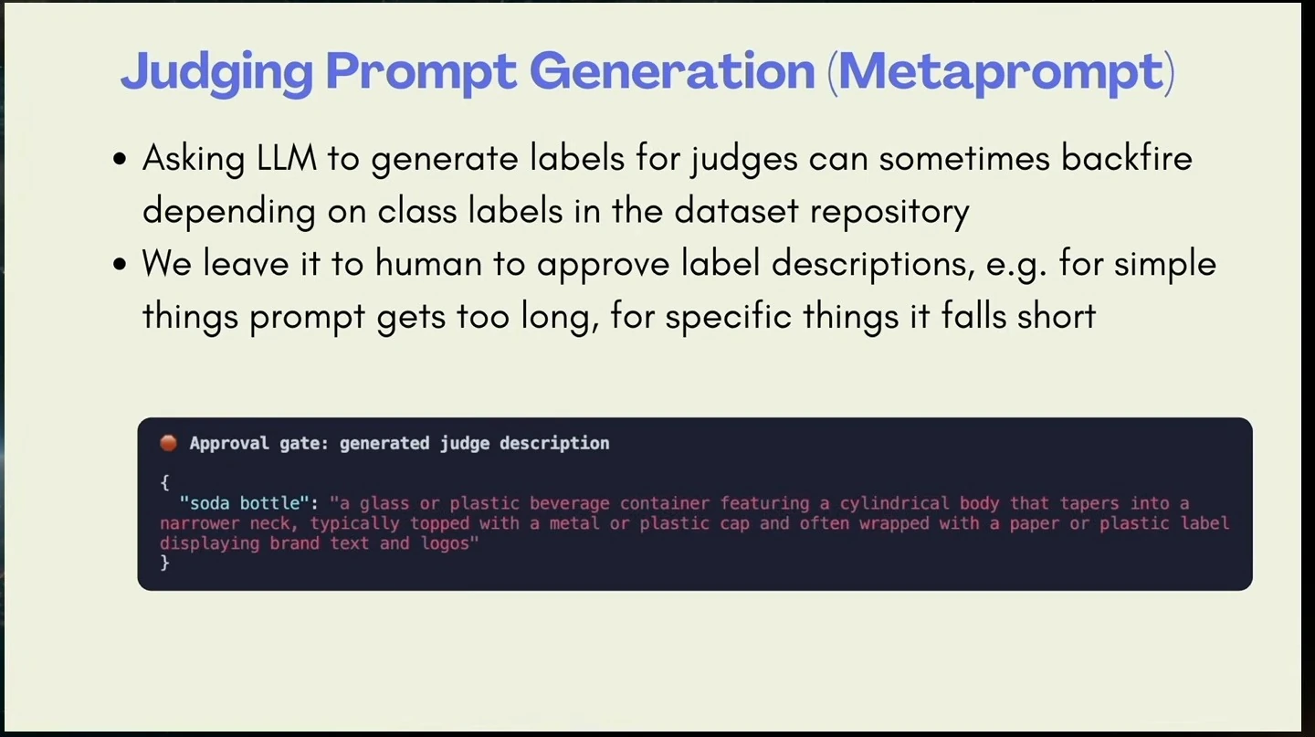 A slide describes limitations of generated judge descriptions and shows an example approval gate.