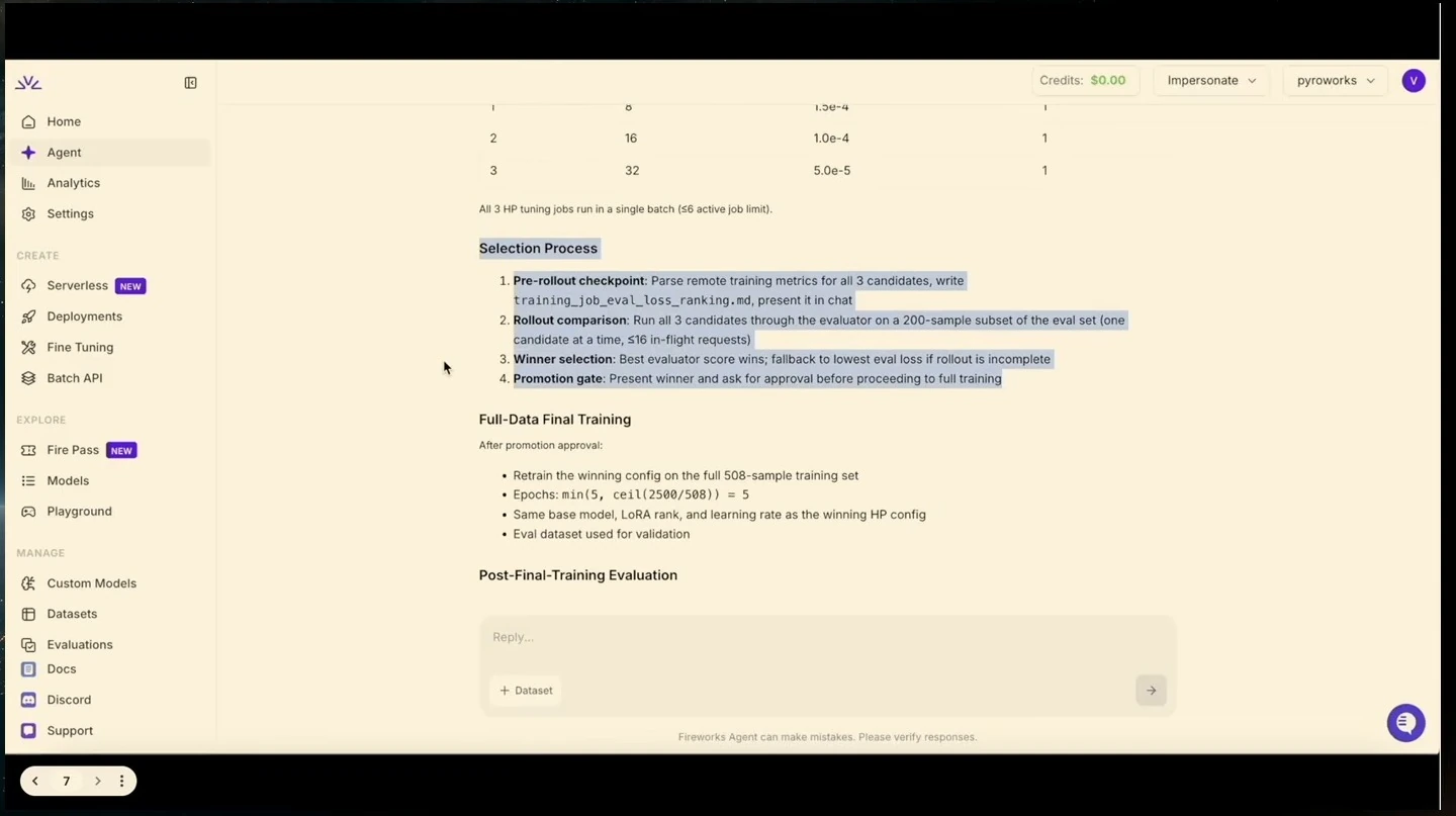 The plan outlines candidate comparison, winner selection, approval and full-data training.